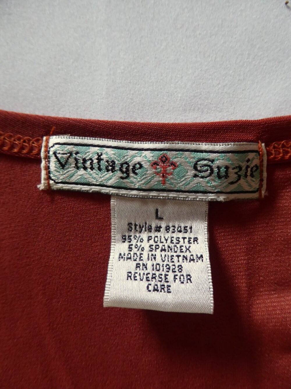 WOMENS VINTAGE SUZIE BRAND STRETCH RUST BURNT ORANGE SLEEVELESS SHIRT TOP LARGE - Picture 7 of 9